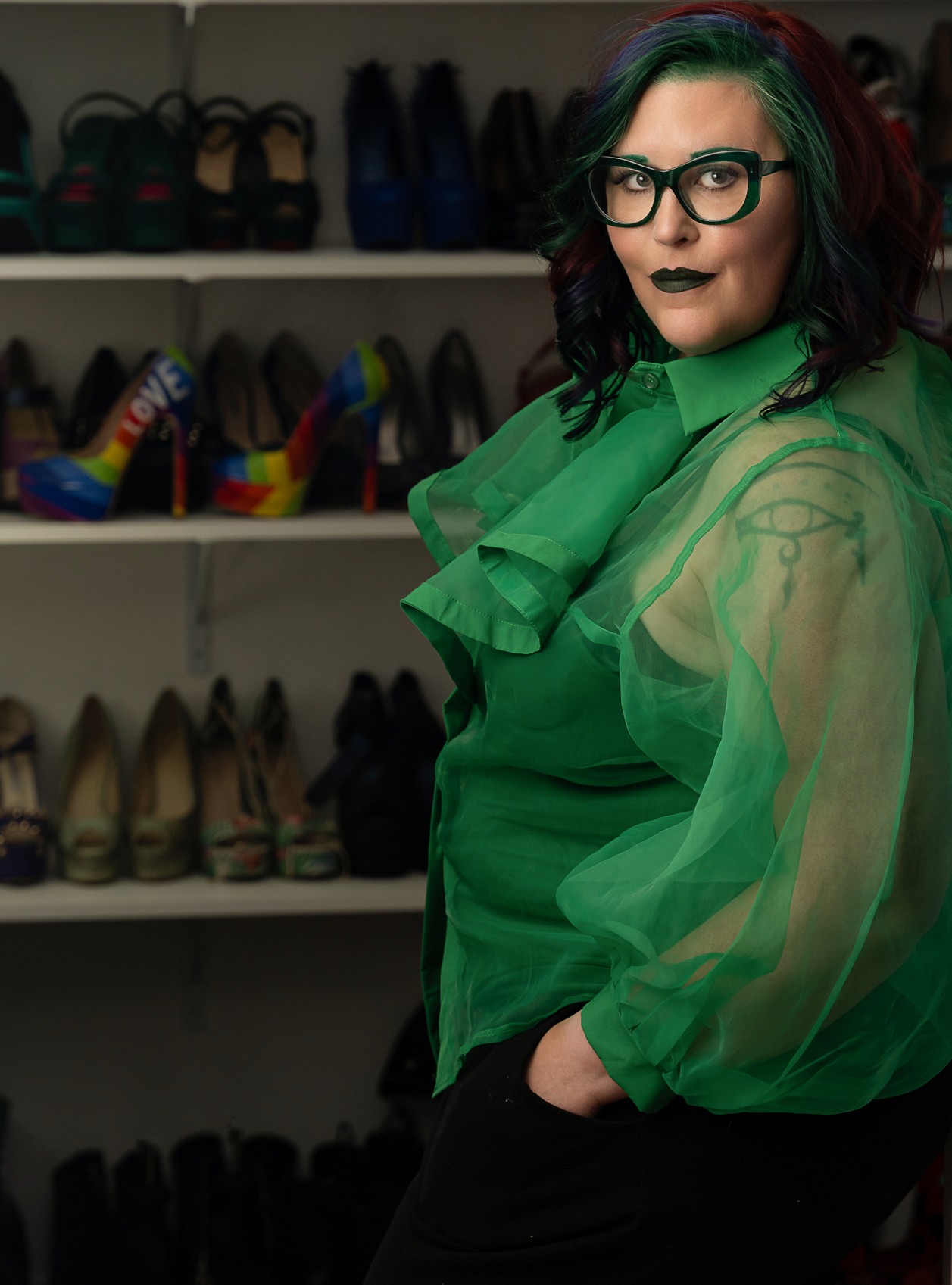 Raven in her shoe closet.